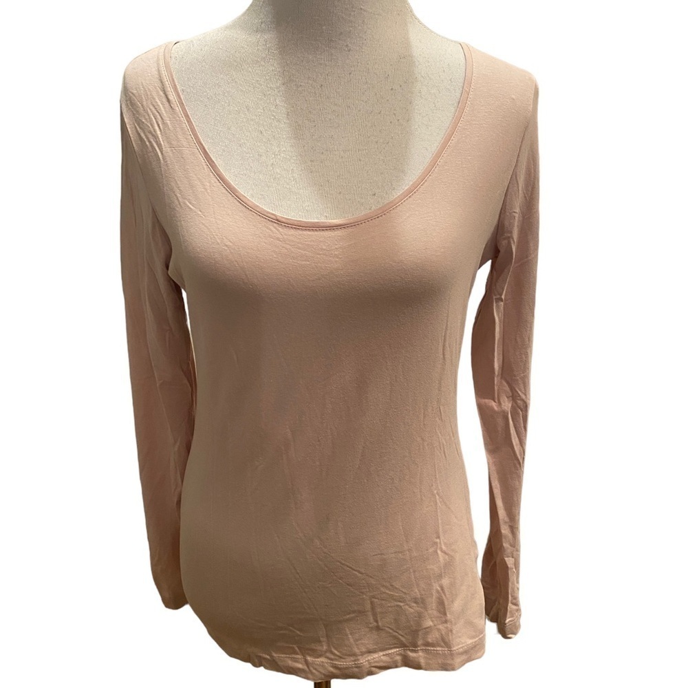 Women Light Pink Long Sleeve Pima Cotton Scoop Neck Fitted T-Shirt Basic  M